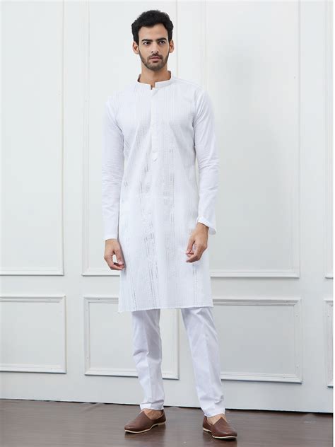 Men's White Sequin and Thread Work Pure Cotton Kurta: Elegant Ethnic ...