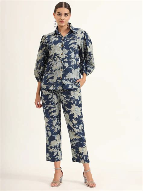 Navy Floral Print Pure Cotton Straight Co-ord Set