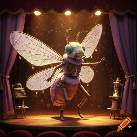 A whimsical puppet bug with large wings on a spotlighted stage with purple curtains. on Craiyon
