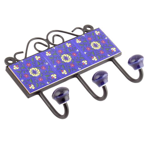 Navy Blue Yellow Wheel Floral Tiles Hooks
