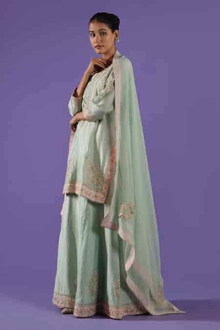 Buy LABEL RADINI Blue Mist Green Chanderi Sharara Set Online | Aza Fashion.
