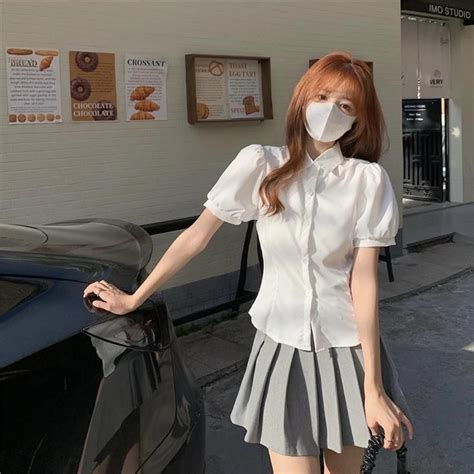 Ecokauer Korean POLO Collar Short -Sleeved White Blouse Slim Shirt Crop ...