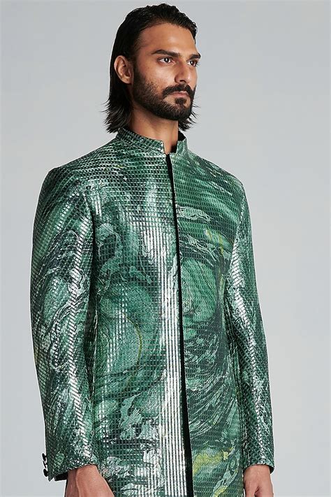 Buy Amit Aggarwal Men Emerald Handwoven Bandhgala Set at Pernia ...