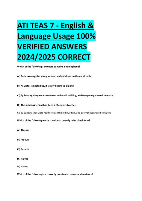 ATI TEAS 7 - English & Language Usage 100% VERIFIED ANSWERS 2024/2025 ...