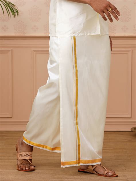Men Pure Silk Cream with 3/4" inch Jari Border Double Layer Dhoti ...
