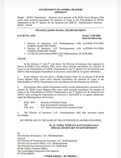 APGLI Department – Sanction of an amount of Rs.50.00 Crores for ...