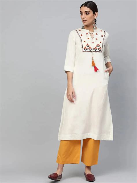 Buy White Embroidered Cotton A-Line Kurta With Palazzos Online at Rs ...