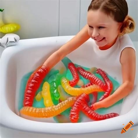 Clawfoot bathtub filled with giant gummy worms