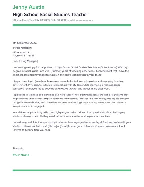 Best High School Social Studies Teacher Cover Letter Example for 2023