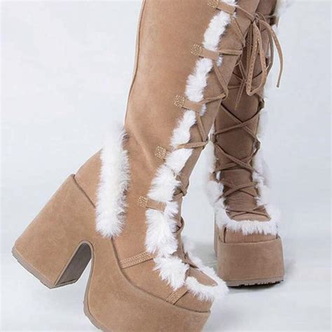 SHEIN Cute Womens Snow Boots Lace Up Zip Block Knee... | Depop