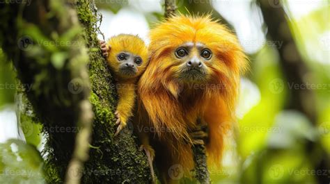Golden lion tamarin monkeys hiding in amazon rainforest tree 54644062 ...