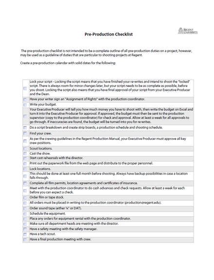 Image result for Production Checklist for Films