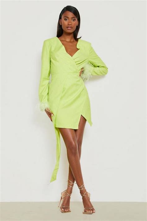 Satin Feather Detail Wrap Dress | boohoo UK