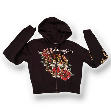 Ed Hardy cropped zip up hoodie red “tiger”... - Depop