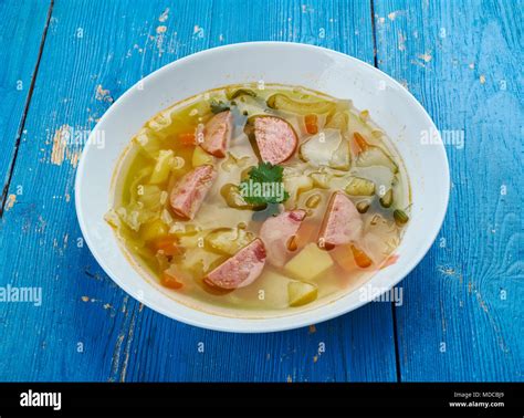 Crockpot Polish Sausage and Cabbage Soup close up Stock Photo - Alamy