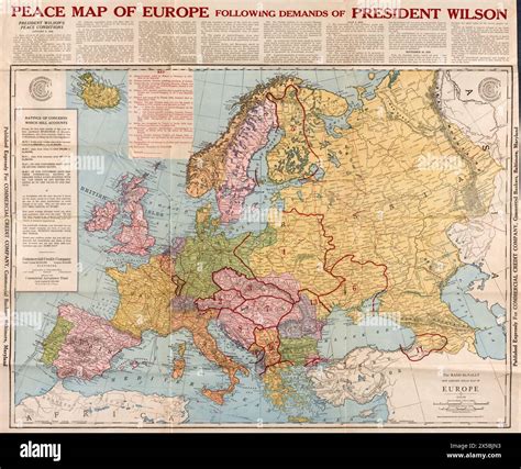 Vintage post WWI historic Map: Peace Map of Europe following demands of President Wilson. by ...