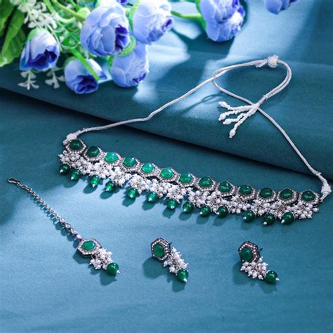 Sukkhi Green Black Rhodium Plated Reverse Ad & Pearl Choker Necklace S ...