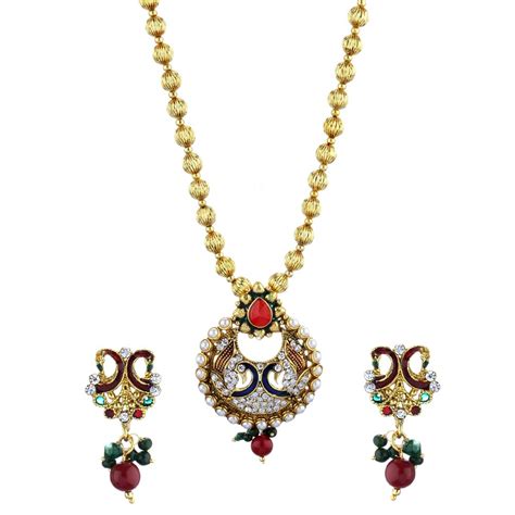 ZENEME Pendant Gold Plated CZ Designer 2 Peacock Meenakari Pendant With ...