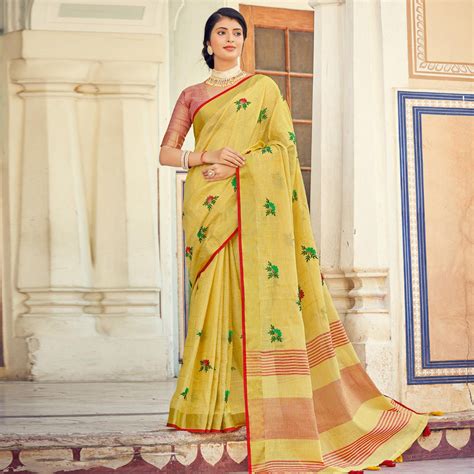 Yellow Embroidered Linen Saree With Tassels