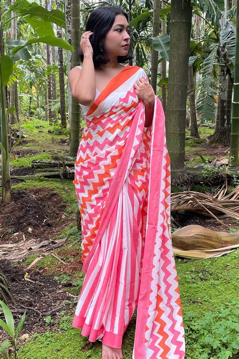 Sheem Orange • Unique Goan stripe saree with hand block prints and ...
