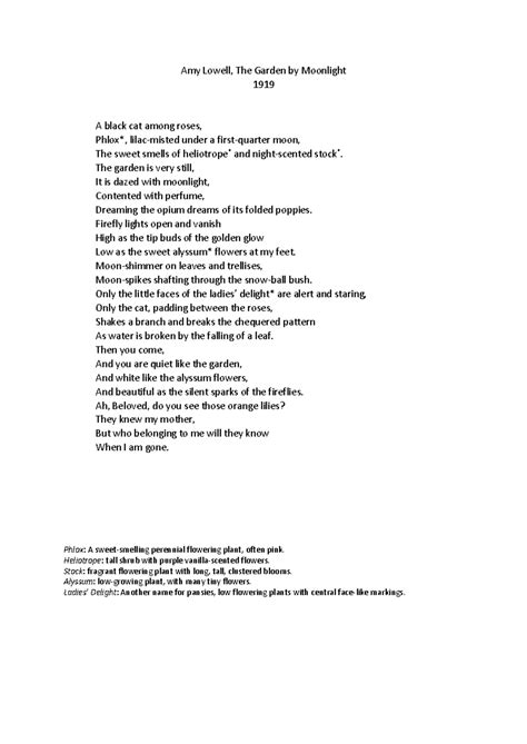 Lowell - Ndjdjd - Amy Lowell, The Garden by Moonlight 1919 A black cat ...