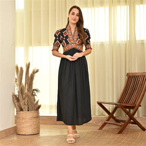 Buy Black V Neck Gathered Dress with Puff Sleeves | Rustorange