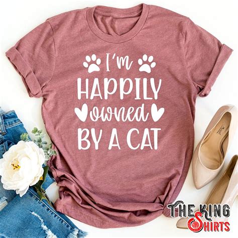I'm Happily Owned By Cat Funny T-Shirt For Unisex With Paw And Hearts ...