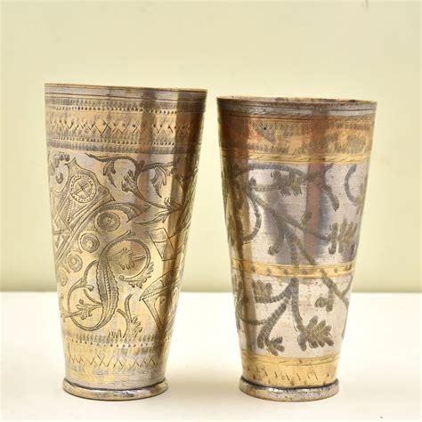 Assorted Pack of 2 Handmade Golden Brass Embossed Floral Vintage Lassi ...