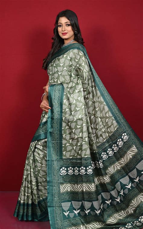 Printed Soft Semi Gicha Silk Saree in Basil Green and Off White ...
