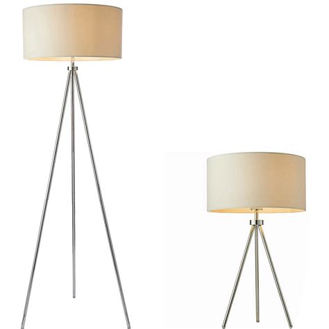 Standing Floor & Table Lamp Set Chrome Plate Ivory Shade Sleek Tripod ...