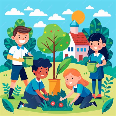 Children Planting a Tree Eco Friendly Activities for a Greener Future | Premium AI-generated vector