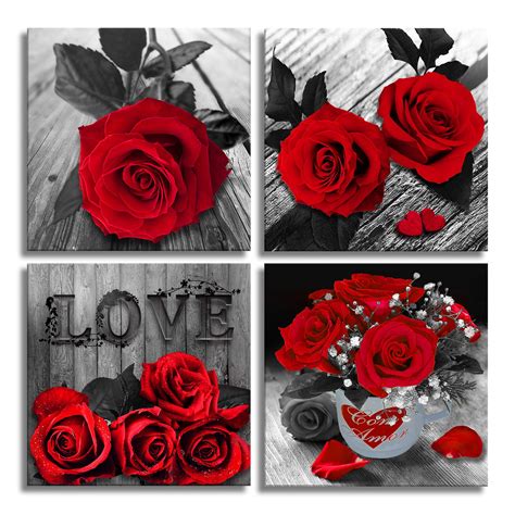 Amazon.com: Canvas Wall Art Red Rose Painting Bathroom Accessories ...