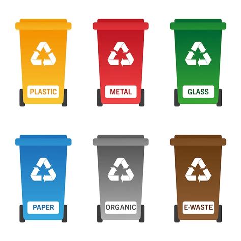 Recycling bins with recycle logo plastic metal glass paper organic and ...