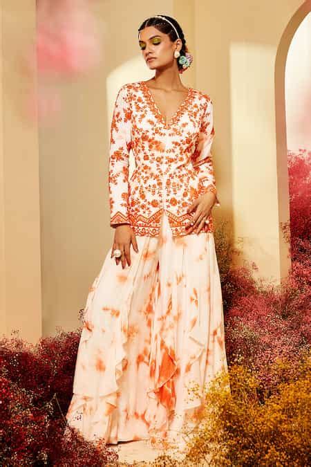 Buy Orange Georgette Floral Embroidery V Neck Jacket Kurta And Sharara ...
