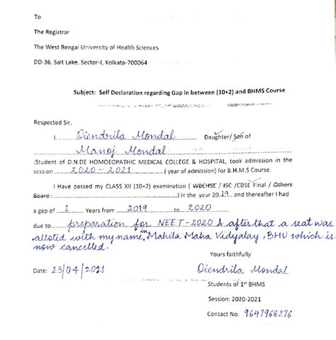 Self Declaration for Gap Certificate - BHMS Course Application - Studocu