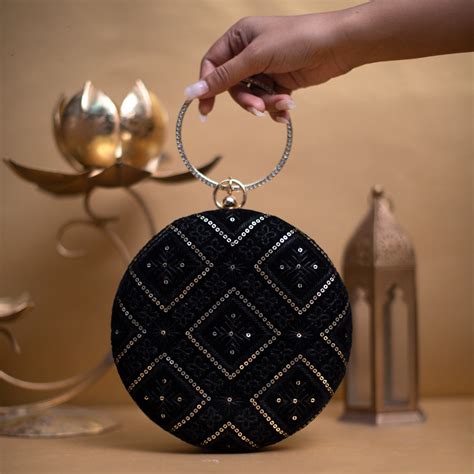 Artklim Black Embroidery Round Party Clutch