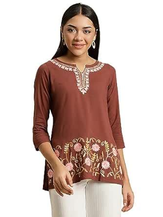 QAZMI Women's Cotton Hiba Kashmiri Embriodered Brown Short Kurti - XL ...