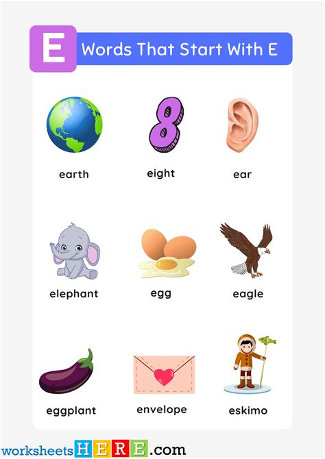 Words That Start With E List and Pictures For Kids Printable PDF ...