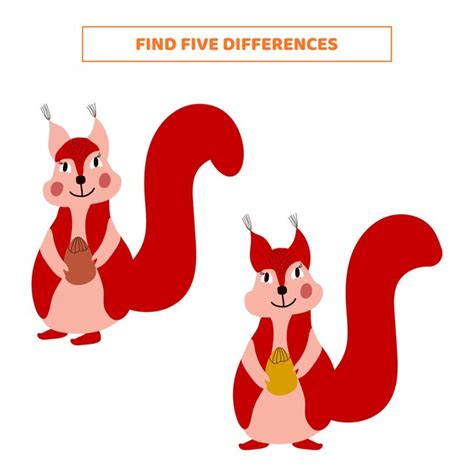 Finden Sie fünf Unterschiede zwischen Comic-Eichhörnchen. | Premium Vektor
