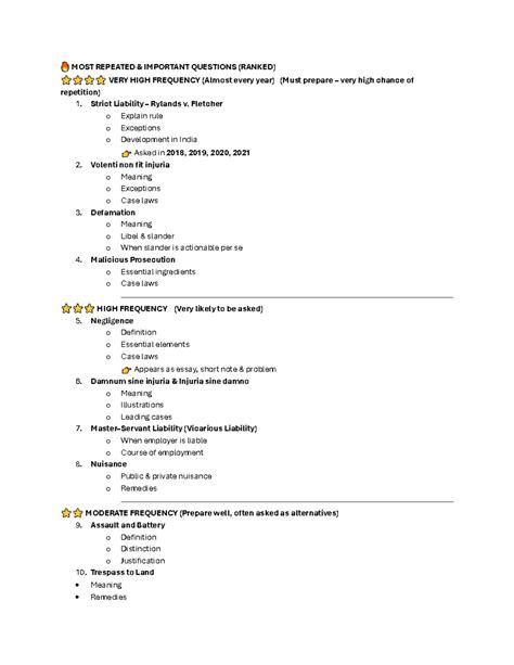 Torts (LAW101) Most Repeated Important Questions for Exam Prep - Studocu
