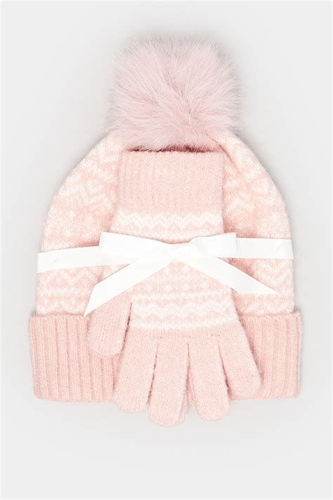 Pink Fairisle Bobble Hat & Glove Set | Yours Clothing