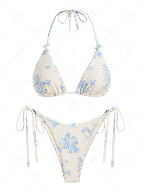 Seamolly Tiny Blue Floral Bow Tie Triangle Tanga Bikini Set