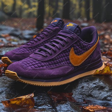 Purple nike shoes with nike logo on the side of a wet rock | Premium AI ...