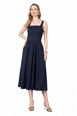 Buy Navy Blue Sleeveless Midi Dress, Square Neck Fit and Flare, Taiwan ...