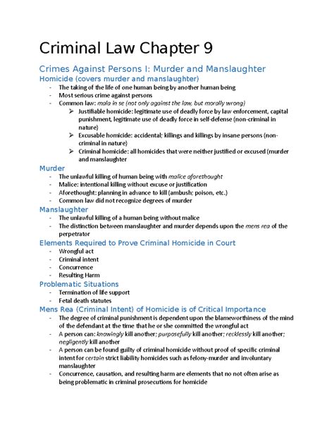 Criminal Law Chapter 9 - ) Common law did not recognize degrees of murder Manslaughter The ...
