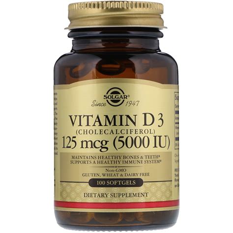 Solgar, Vitamin D3 (Cholecalciferol), 5,000 IU, 100 Softgels - Byclue