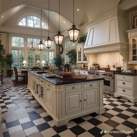 Luxury Mansion Kitchen with Black and White Checkered Flooring