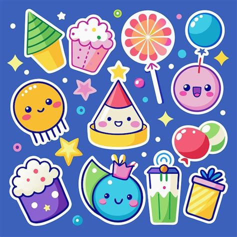 A collection of cute cartoonstyle stickers on a blue background ...