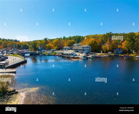 Alton Bay at Lake Winnipesaukee aerial view on Harmony Park and village ...