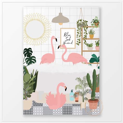 Flamingos In Bathtub Print - Wall Art